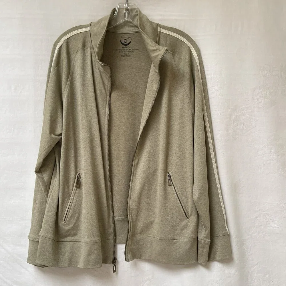 Zenergy by Chicos Womens Large White Trim Full‎ Zip Stretch Track Jacket Pockets